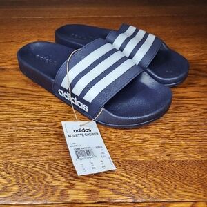adidas Adilette Shower Slide Sandals - Navy with White Stripes